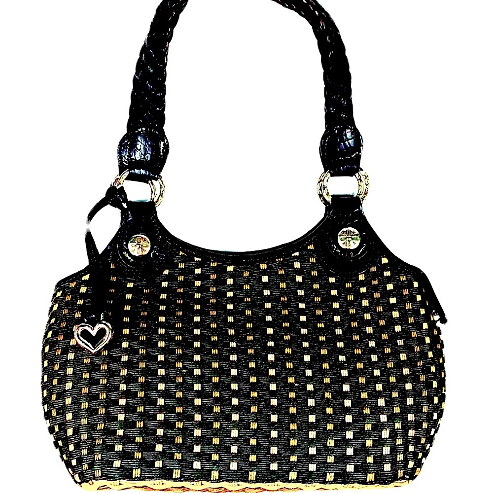Brighton Dark Brown /Tan Woven Shoulder Bag With Black Leather Trim
